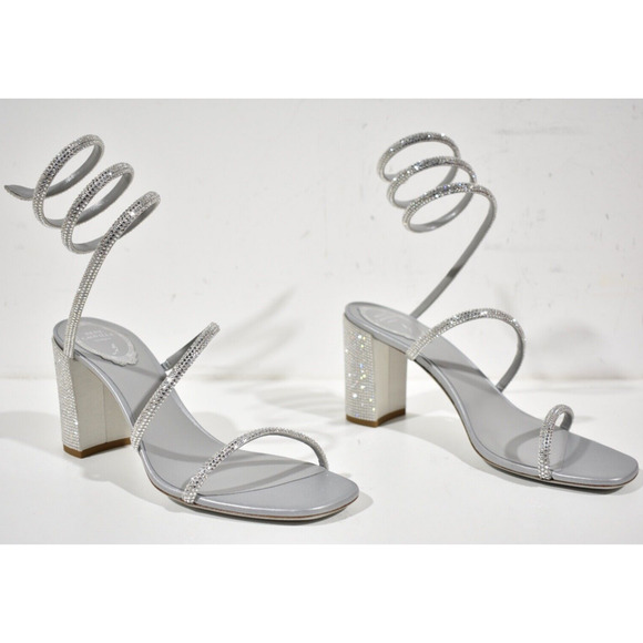 Rene Caovilla Cleo Grey Silver Crystal Wrap Strap Sandal Block Heel Pump 37.5 - Picture 4 of 12